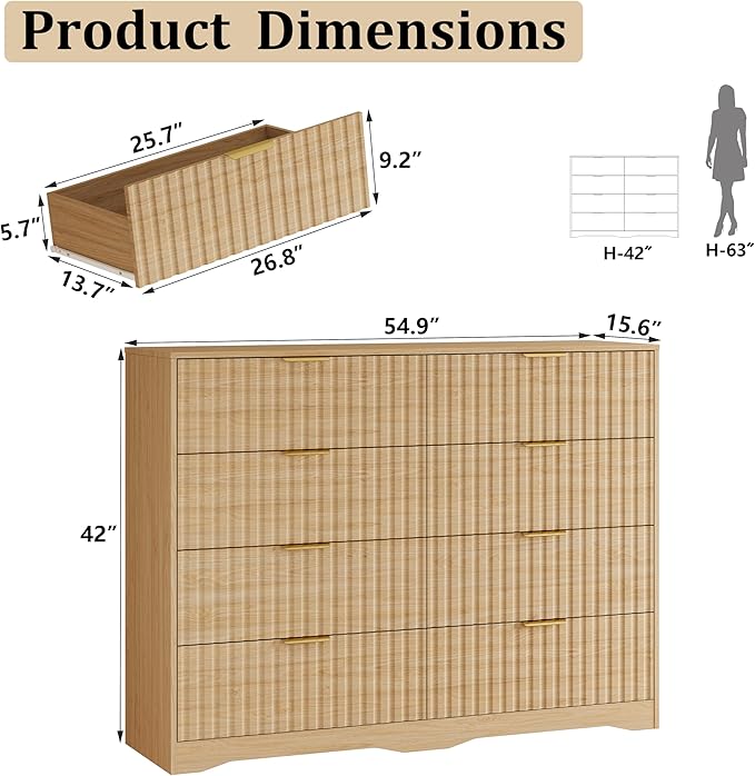 Fluted 8 Drawers Dresser for Bedroom, 55" Wide Wood Dressers Chest of Drawers with Metal Handle, Mid Century Modern Dresser Storage Organizer for Living Room, Natural Oak