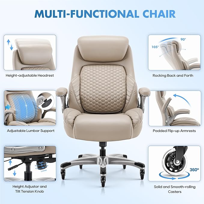 COLAMY Office Chair Ergonomic Desk High Back Executive Chair with Pop-Out Lumbar Support, Upgraded Casters, Adjustable Headrest, Flip-Up Arms, Leather Home with Thick Cushion for Comfort - Khaki
