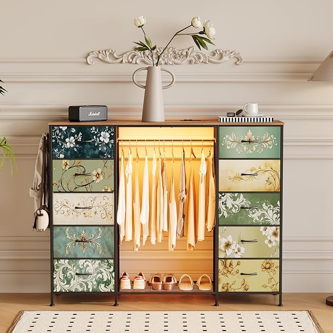 LUMTOK 55" W 2-in-1 Dresser with Hanging Rack, 10 Drawers Dresser for Bedroom,Dressers with Fabric Drawers,LED Lights, Charging Station and Hanging Racks for Bedroom (Retro Pattern)