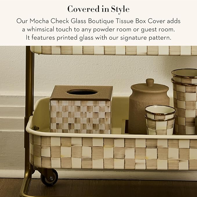 MACKENZIE-CHILDS Glass Tissue-Box Cover, Boutique Bathroom Decor, Brown-and-White Mocha Check