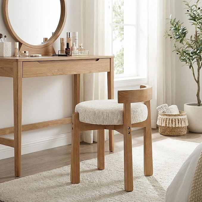 HNY Modern Chenille Vanity Stool & Ottoman Set of 2 Upholstered Round Seat with Solid Wood Legs, for Makeup Dressing, Living Room Footrest or Piano Bench, Beige
