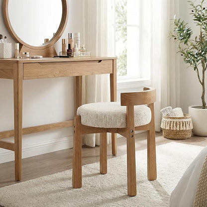 HNY Modern Chenille Vanity Stool & Ottoman Set of 2 Upholstered Round Seat with Solid Wood Legs, for Makeup Dressing, Living Room Footrest or Piano Bench, Beige