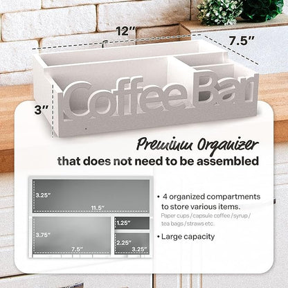 Coffee Bar Organizer for Countertop – Wooden Coffee Station Caddy with Compartments for Pods, Condiments, Tea, and Accessories – Home and Office Mini Coffee Station Organizer (White)