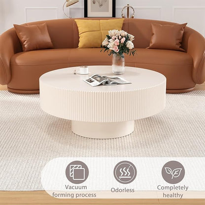 Round Drum Coffee Table Modern Unique Round Fluted Coffee Tables Farmhouse Fluted Circle Center Table Accent Tea Table with Sturdy Pedestal for Living Room Reception Room (White 31 inch)