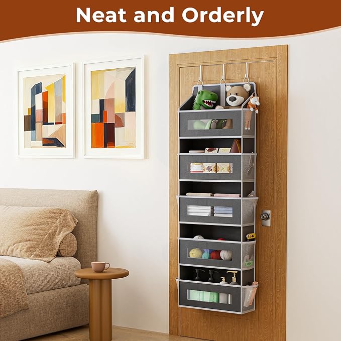 3 Packs 5-Tier Over the Door Storage Organizer with 10 Side Mesh Pockets, 48 lbs Load Capacity, 3 Hooks Design, Hanging Organizer with Clear Windows for Bathroom, Bedroom, Nursery, Kitchen-Grey