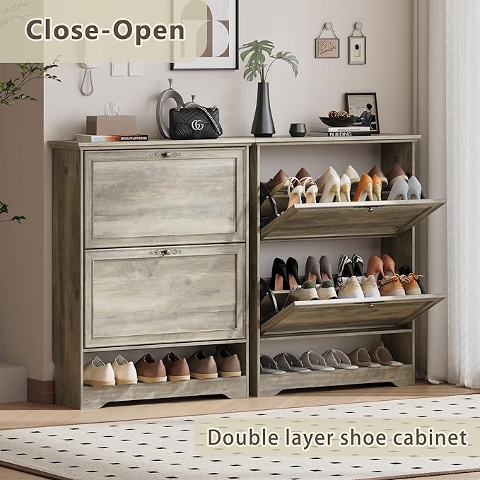 Shoe Cabinet for Entryway, Slim Shoe Storage Cabinet with Adjustable Shelves, Wooden Rack and Organizer for Small Spaces, Closet, Foyer, Hallway