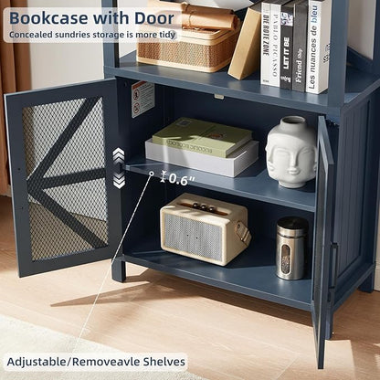 5 Tier Bookshelf 70" Tall Bookcase with Barn Doors,Large Farmhouse Display Book Shelf with Adjustable Shelves and Storage Cabinet,Wood Bookshelves for Living Room,Kitchen,Navy Blue(2PCS)