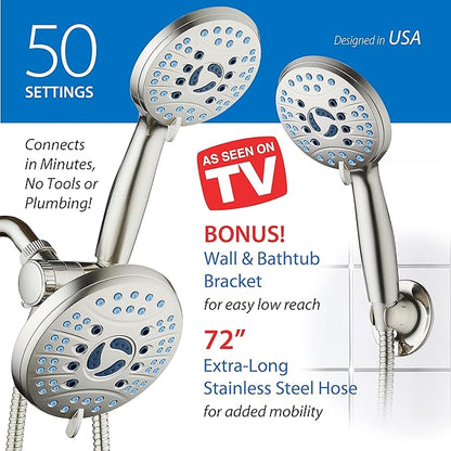 Hotel Spa AquaCare for California As-Seen-On-TV High Pressure Handheld Rain 50-mode 3-way Shower Head Combo, Anti-clog Jets, 2-mode Tub & Pet Power Wash, Wall Bracket, 6 ft. Stainless Steel Hose