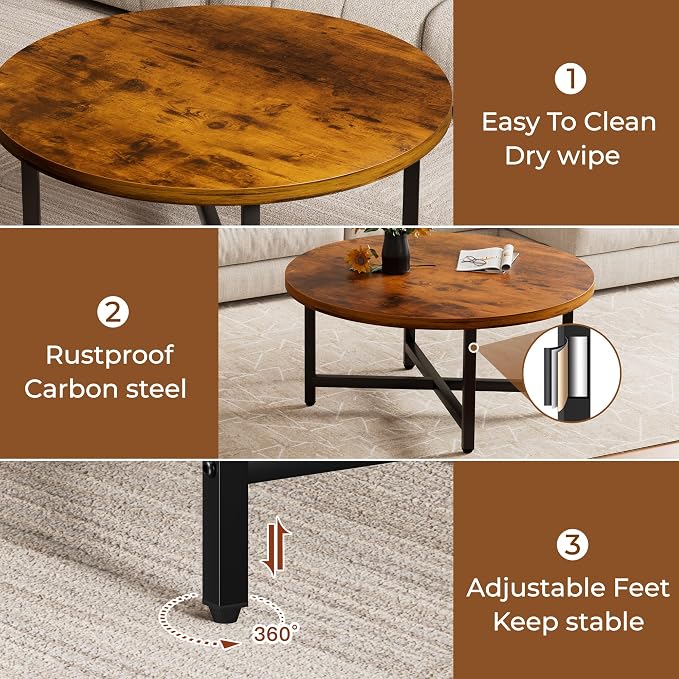 Coffee Table, 31.5" Large Coffee Tables, Brown Round Coffee Tables for Living Room, Floor Table for Sitting on The Floor, Center Coffee Table with Metal Frame for Office Apartment Home