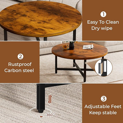 Coffee Table, 31.5" Large Coffee Tables, Brown Round Coffee Tables for Living Room, Floor Table for Sitting on The Floor, Center Coffee Table with Metal Frame for Office Apartment Home