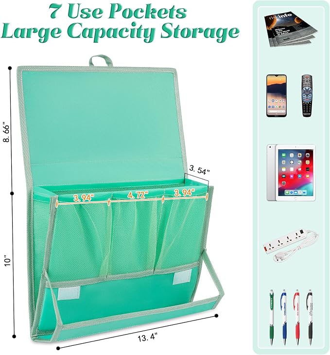 Bedside Caddy Bedside Storage Organizer Bedside Organizer with Power Strip Holder and 2 Adjustable Straps for Home Bunk Bed College Dorm Sofa (Green)