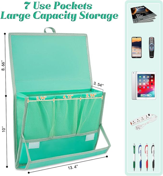 Bedside Caddy Bedside Storage Organizer Bedside Organizer with Power Strip Holder and 2 Adjustable Straps for Home Bunk Bed College Dorm Sofa (Green)