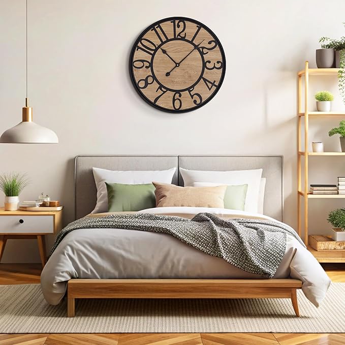 Maxstar Wall Clock for Living Room,Silent Rustic Farmhouse with Arabic Numeral, Battery Operated Wall Clocks Decorative for Bedroom Office Home Decor 16inch Black