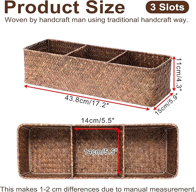 Hipiwe Handwoven Wicker Storage Box 3 Sections Seagrass Basket Bin Toilet Paper Holder for Bathroom Shelf Organizer for Kitchen Living Room, Coffee Color