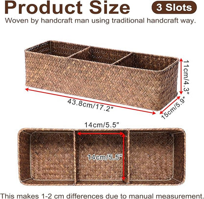 Hipiwe Handwoven Wicker Storage Box 3 Sections Seagrass Basket Bin Toilet Paper Holder for Bathroom Shelf Organizer for Kitchen Living Room, Coffee Color