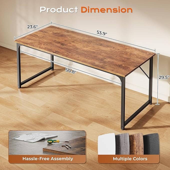 PRAISUN 55 X 24 Inch Computer Desk with Deeper Desktop, Gaming Office Writing Work Desk for Home Office, Study, Bedroom, Work from Home, Metal Frame, Rustic Brown