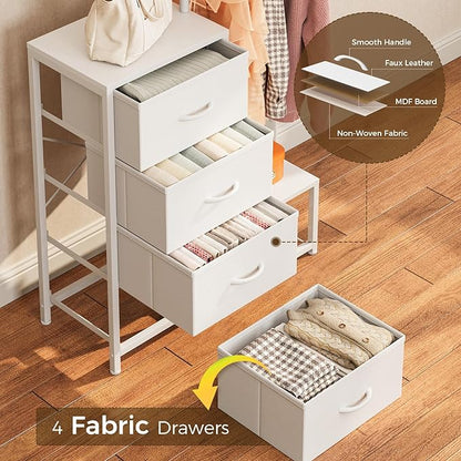 KKL Small Dresser for Bedroom with Clothes Hanging Rack, Reversible Bedroom Dresser with Shoe Rack & 4 Fabric Drawers, 3-in-1 Storage Chest of Drawers with Storage Shelves & Tree Hooks, White