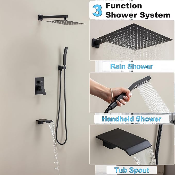 Matte Black Shower System with 12-Inch Rain Showerhead and Tub Spout | cUPC-certified pressure balance brass valve to prevent scalding, CEC-certified air injection technology for low pressure