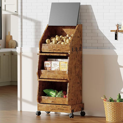 Potato and Onion Bin with Lid Movable Bread Box, Potato and Onion Storage with Wheels Black Movable, Vegetable Cabinet with 3 Tier Storage, Grocery Section Bread