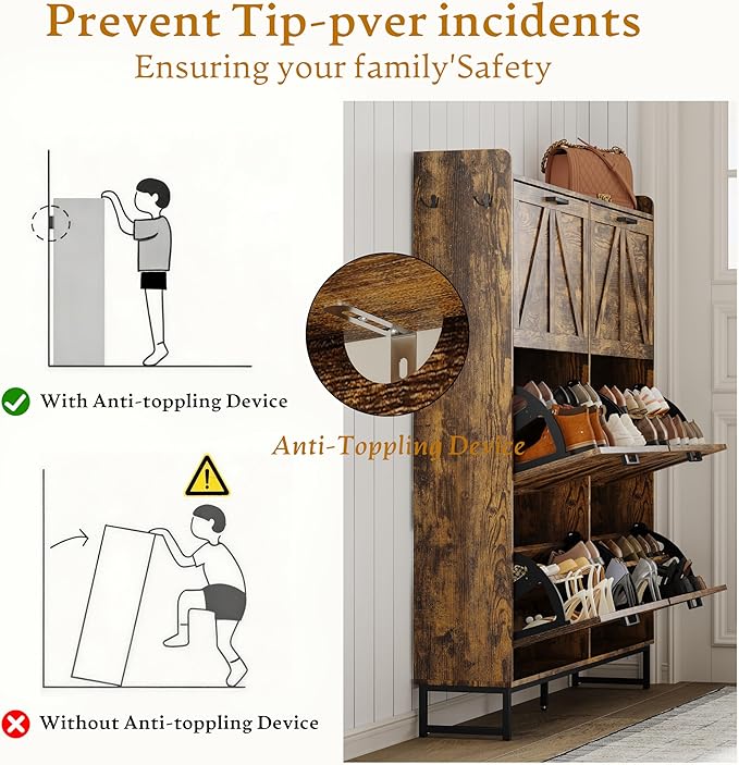 Shoe Cabinet Storage for Entryway, Shoe Storage Cabinet with 6 Flip Drawers, Freestanding Narrow Shoe Rack Organizer with Metal Legs for Foyer, Hallway, Brown