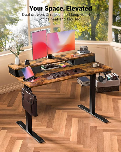 FiCiHi Standing Desk with Drawers,C-Clamp Mount Compatible, 48x24 Inch Electric Adjustable Height Computer Stand Up Desks, Home Office Sit Stand Table with 3 Preset Heights & Hooks, Rustic Brown