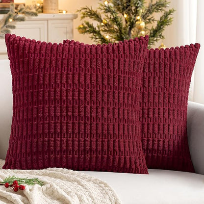 MIULEE Pack of 2 Burgundy Corduroy Decorative Pillow Covers 16x16 Inch Soft Boho Striped Throw Pillow Covers Modern Farmhouse Home Decor for Sofa Living Room Couch Bed