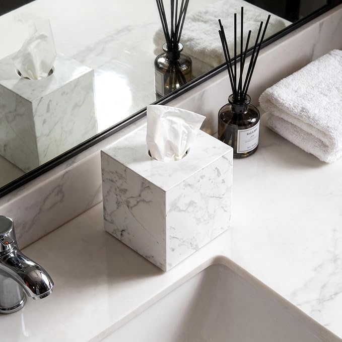 N NANSHOP Natural Marble Tissue Box Holder Cover, Square Cube Tissue Box Holder with Open Bottom for Bathroom Vanity Tops, Bedroom Dressers, Kitchen Countertop, White Tissue Box(NS021)