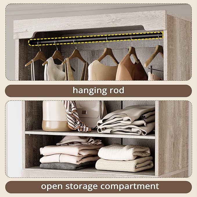 IRONCK Freestanding Closet System with 3 Wood Drawers, Modern Armoire Wardrobe with Adjustable Shelves & Hanging Rod, Walk-in Closet Systems Organizer, Rustic Maple