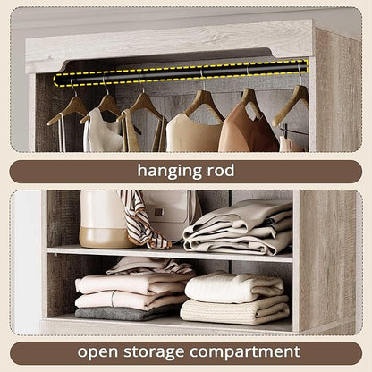 IRONCK Freestanding Closet System with 3 Wood Drawers, Modern Armoire Wardrobe with Adjustable Shelves & Hanging Rod, Walk-in Closet Systems Organizer, Rustic Maple