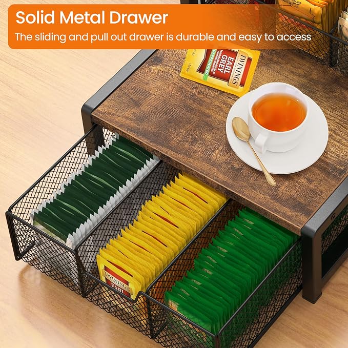 Homode Tea Bag Organizer, 3 Tier Tea Storage Container Box, Wood Tea Station Caddy, Teabag Holder Stand with Drawer Basket, Large Tea Chest Display Rack for Countertop Cabinet Office, Rustic Brown