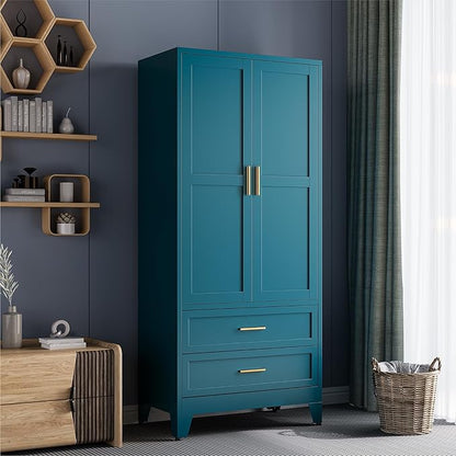 COFaR Armoire Wardrobe Closet with 2 Drawers, 71" Metal Storage Cabinet with Hanging Rod, Freestanding 2-Door Closet with Adjustable Shelf (Peacock Blue)