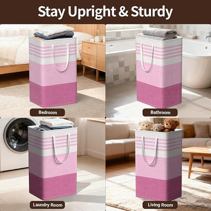 WOWBOX 2 Pack Laundry Baskets, Laundry Hampers, Freestanding Dirty Clothes Hampers with Reinforced Handles & Cross Stitch & Waterproof Coating, for Laundry Bedroom Bathroom Dorm,88L Pink