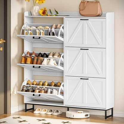 Shoe Cabinet Storage for Entryway, Shoe Storage Cabinet with 6 Flip Drawers, Freestanding Narrow Shoe Rack Organizer with Metal Legs for Foyer, Hallway, White