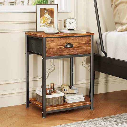 Furologee Nightstands Set of 2, Night Stand with Fabric Drawer and Storage Shelf, Retro Bedside Sofa Tables for Small Place, End Side Tables Living Room Bedroom, Rustic Brown