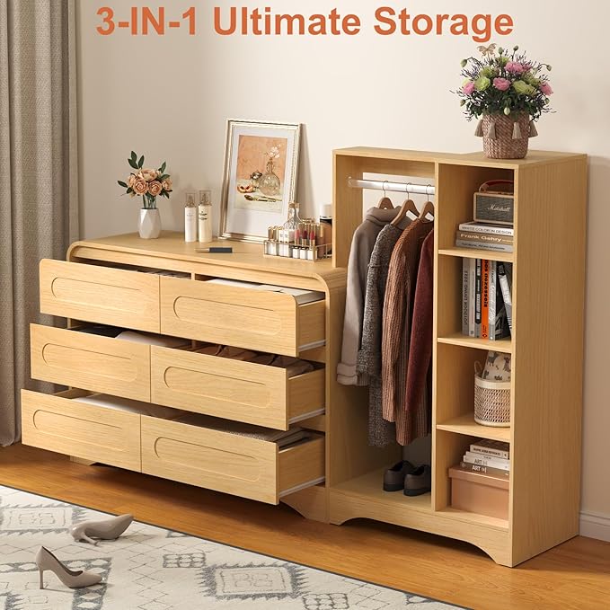 Dresser with Clothes Hanging Rack, Pre-Installed Slides for Fast Installation, 3-in-1 Wardrobe Closet with Drawers and Shoe Shelves, Modern Wood Storage Armoire for Bedroom,Natural Oak