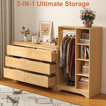 Dresser with Clothes Hanging Rack, Pre-Installed Slides for Fast Installation, 3-in-1 Wardrobe Closet with Drawers and Shoe Shelves, Modern Wood Storage Armoire for Bedroom,Natural Oak