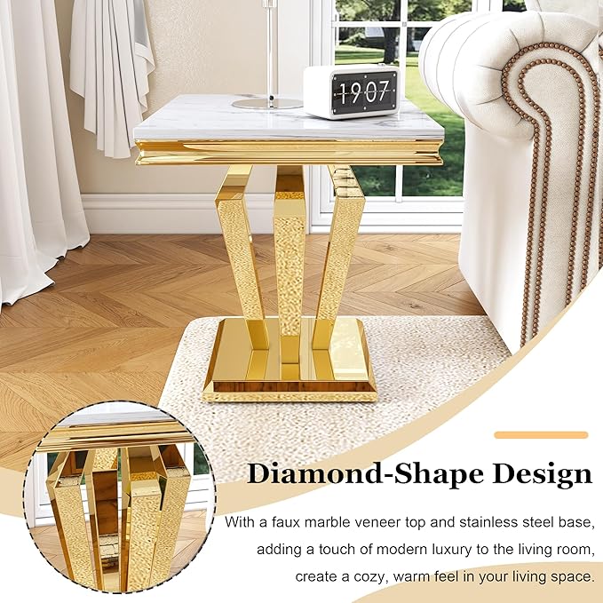 Marble End Table, Modern Square 23” Side Table with Diamond-Shape Stainless Steel Base and Faux Marble Top, Small Sofa Table for Living Room, Bedroom, Lounge (Gold,White)