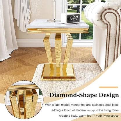 Marble End Table, Modern Square 23” Side Table with Diamond-Shape Stainless Steel Base and Faux Marble Top, Small Sofa Table for Living Room, Bedroom, Lounge (Gold,White)
