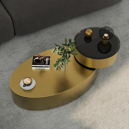 Oval Rotating Coffee Table with Tempered Glass Top, 2-Tier Design & 360° Swivel Base, Brushed Gold Finish - Modern Center Table for Living Room, Office, Apartment