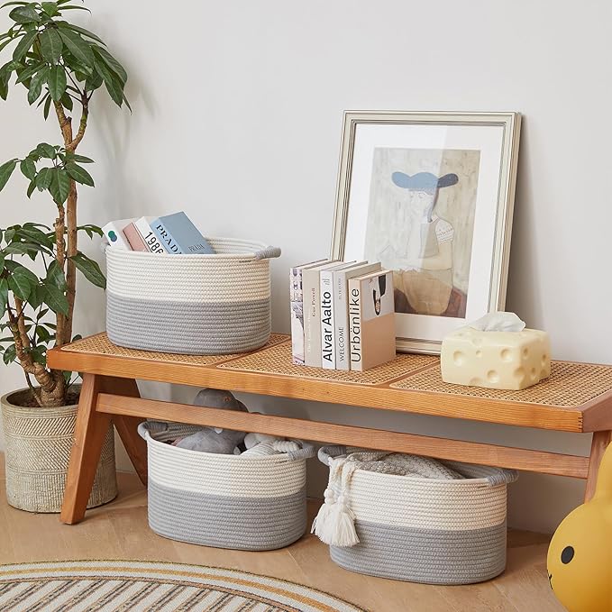 R RUNKA Storage Baskets for Organizing | 15"x10.2"x9.1" - 1 Pack Nursery Bin with Handles - Woven Cotton Rope Baskets for Dog Toys, Books, Shelf, Bathroom,Closet -Stylish Storage |White & Grey