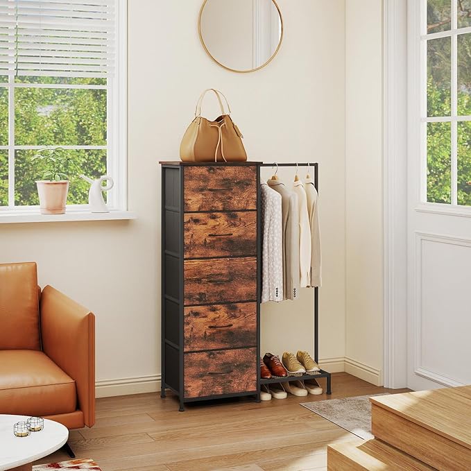 Somdot Dresser with Hanging Rack, 5 Drawers Small Closet for Bedroom, Reversible Dresser with Clothes Rack, Kids Dressers for Bedroom Chest of Drawers, Tall Storage Tower, Wood Grain Print
