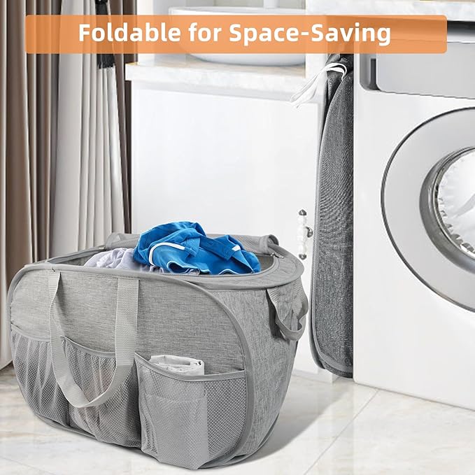 2 Pack Collapsible Laundry Baskets with Lid, Foldable Laundry Basket with Pockets, Pop Up Hamper with Dual Handles, 99L Sturdy Hampers for Clothes, Groceries, Supplies, Tools, Grey