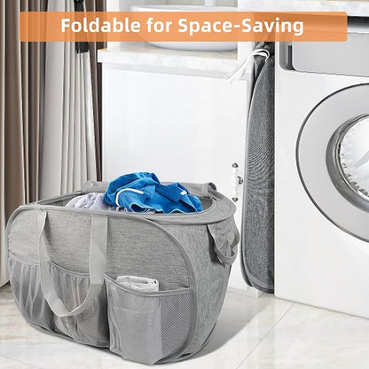 Collapsible Laundry Baskets with Lid, Foldable Laundry Basket with Pockets, Pop Up Laundry Hamper with Dual Handles, 99L Sturdy Hampers for Clothes, Groceries, Supplies, Tools, Grey