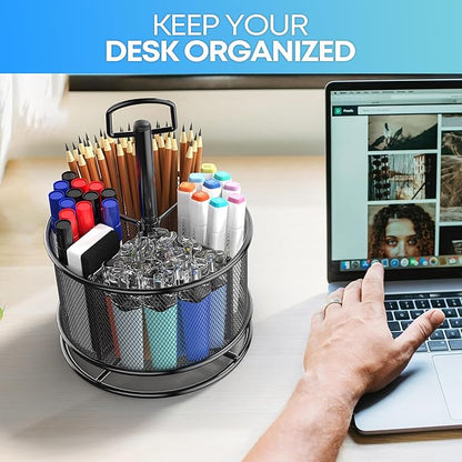 360-Degree Rotating Pen Holder for Desk, Mesh Pencil Organizer Multi-Functional Pen Holder, 4 Compartments Desktop Stationary Organizer, Home Office Black