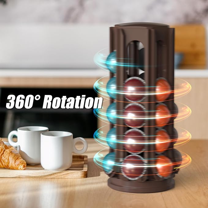 Deco Brothers VertuoLine Pod Holder, 360° Turntable Rotating Pod Carousel Organizer Compatible for Nespresso Pods, Brown