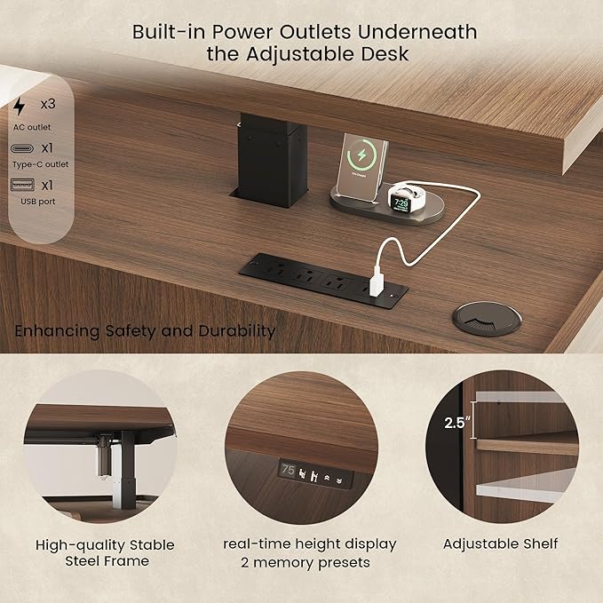 Executive Standing Desk with Drawers & Storage, 71'' Adjustable Electric Stand Up Wood Desk with Privacy Panel, AC/USB, File Cabinet, Large One-Piece Destop for Home Office, Black Walnut