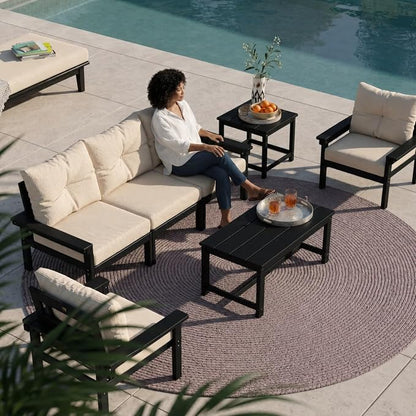HDPE Outdoor Patio Furniture Set, 7-Piece Patio Conversation Sets with Coffee Table & Side Table & Beige Washable Thick Cushions, Outdoor Sofa for Balcony, Porch(Black Frame)