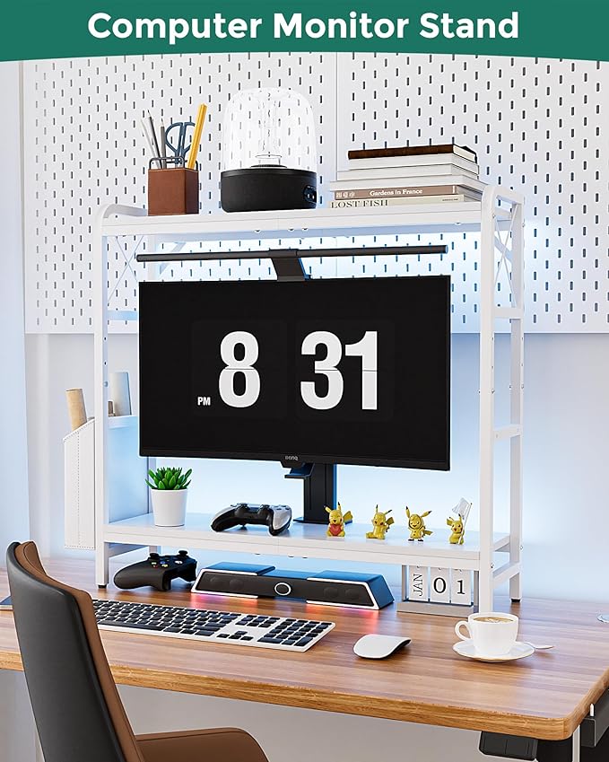 Desktop Shelves, Monitor Stand with Adjustable Shelves and Side Pockets, 2-Tier Desktop Bookshelf Organizer, Large Capacity Display Shelf Rack, Desk Hutch for Home Office, Study Room, White
