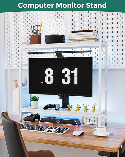Desktop Shelves, Monitor Stand with Adjustable Shelves and Side Pockets, 2-Tier Desktop Bookshelf Organizer, Large Capacity Display Shelf Rack, Desk Hutch for Home Office, Study Room, White