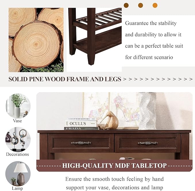 LKTART Solid Wood Console Table Sofa Tables with Drawers and Shelves Small Entryway Table for Living Room,Decorative,Foyer(42" Espresso)